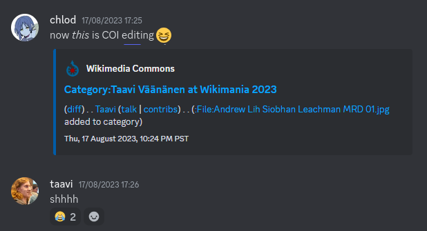 Me replying 'shh' to a Discord message showing myself categorizing photos about me and accusing me of COI editing